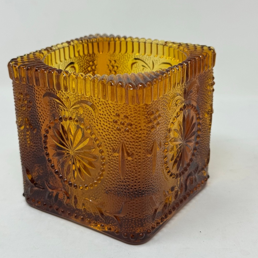 Amber‎ Glass Square Candle Holder Embossed Sunburst Hobnail Beaded Rim Vintage